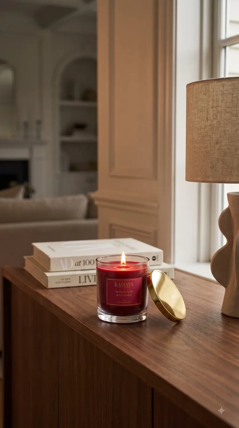 Delight Rose & Lavender Glass Candle — styled at home