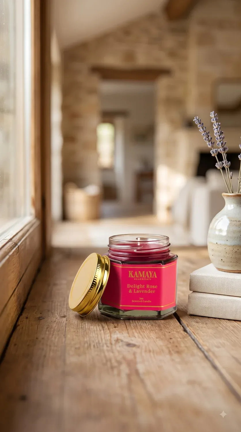 Delight Rose & Lavender Hexagonal Candle — styled at home