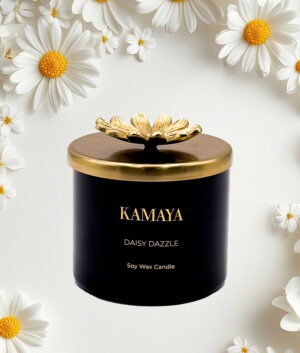 Secented candle 14 oz (400 gms) with gold lid with floral motif.